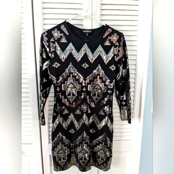 Express Dress Women's sz XS Black Gold Sequined Aztec Mini Cocktail Bodycon - Picture 1 of 5